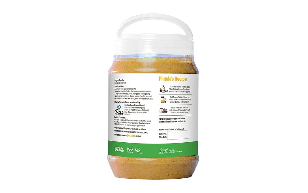 Pintola Peanut Butter Crunchy Unsweetened   Plastic Jar  2.5 kilogram